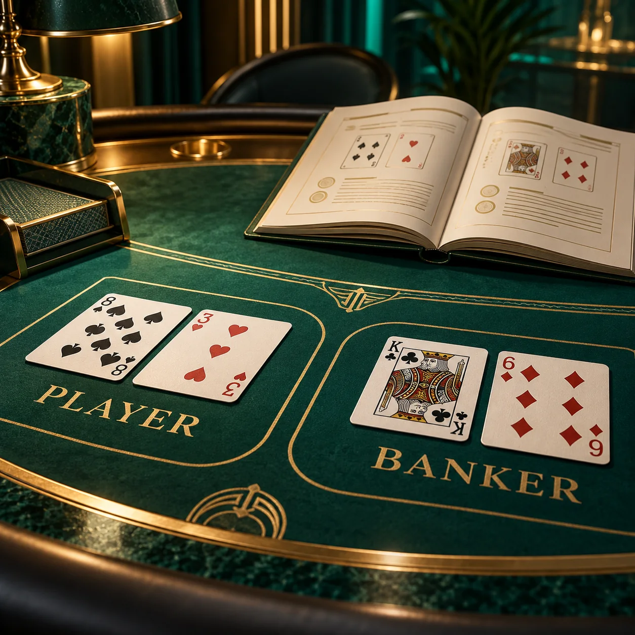 Editorial illustration: a baccarat layout with two separate two-card hands beside an open rule booklet