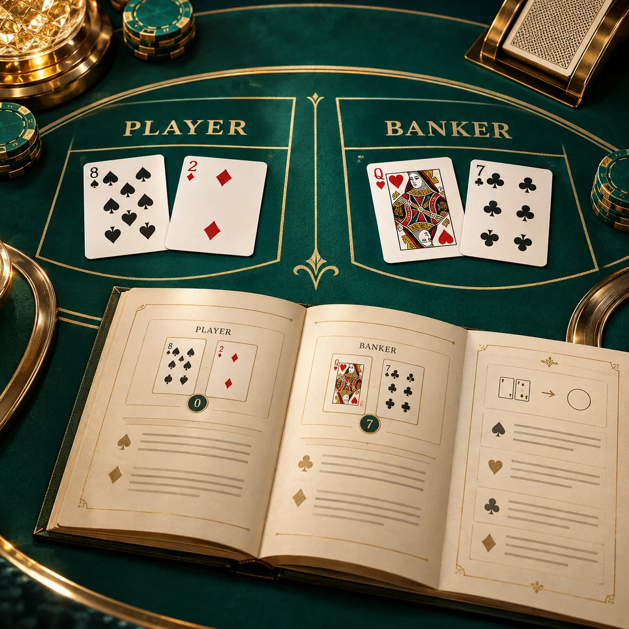 Supporting illustration: a baccarat layout with two separate two-card hands beside an open rule booklet