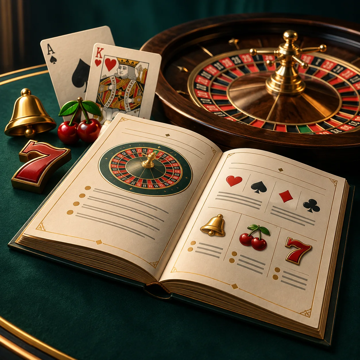 Editorial illustration: an introductory rules booklet beside a simple roulette wheel, playing cards and generic reel symbols