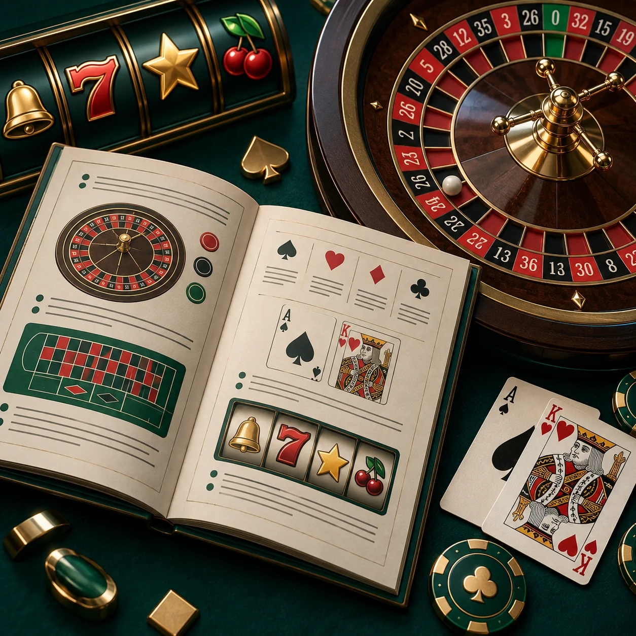 Supporting illustration: an introductory rules booklet beside a simple roulette wheel, playing cards and generic reel symbols