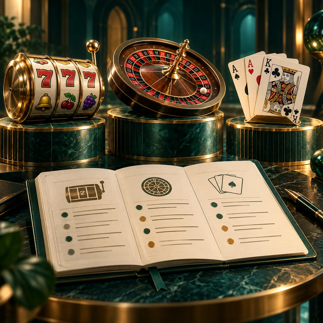 Editorial illustration: comparison pedestals displaying generic slot reels, a roulette wheel and playing cards beside a notebook