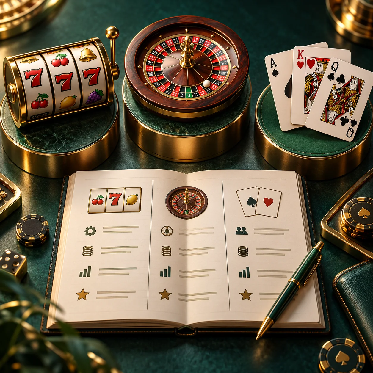 Supporting illustration: comparison pedestals displaying generic slot reels, a roulette wheel and playing cards beside a notebook
