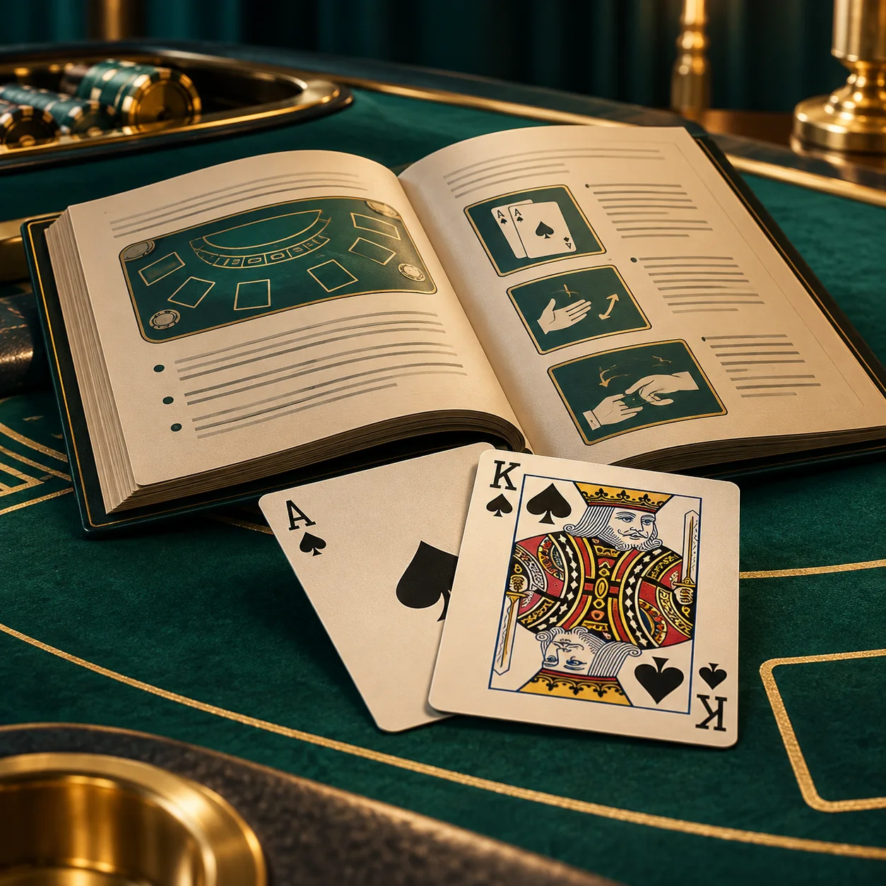 Editorial illustration: a blackjack table with an ace and king card hand beside an open rules booklet