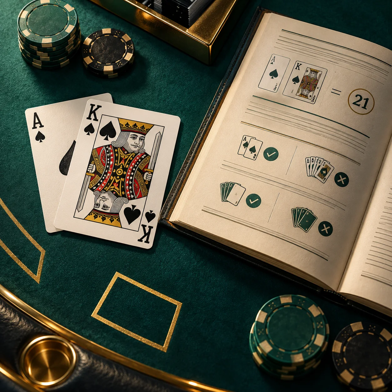 Supporting illustration: a blackjack table with an ace and king card hand beside an open rules booklet
