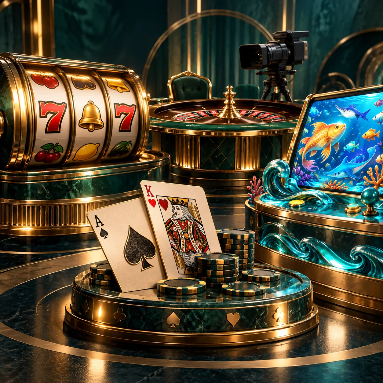 Editorial illustration: sculptural category displays of slot reels, live table and camera, playing cards and an aquatic arcade screen