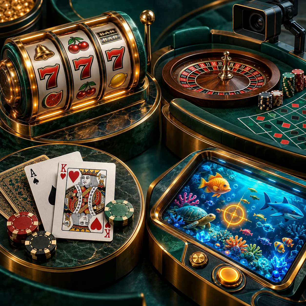 Supporting illustration: sculptural category displays of slot reels, live table and camera, playing cards and an aquatic arcade screen
