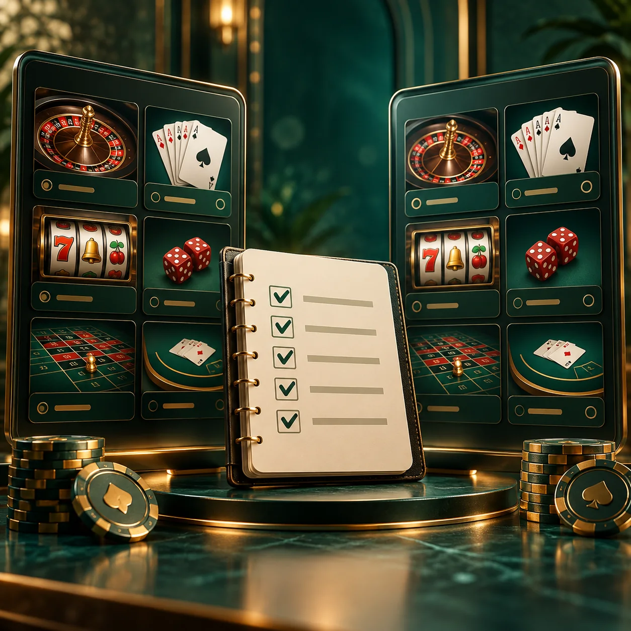 Editorial illustration: two neutral casino category dashboards beside an open comparison checklist