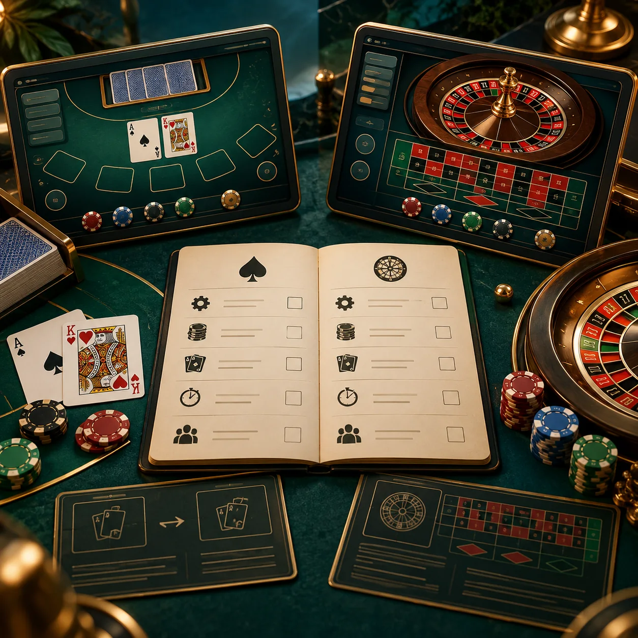 Supporting illustration: two neutral casino category dashboards beside an open comparison checklist