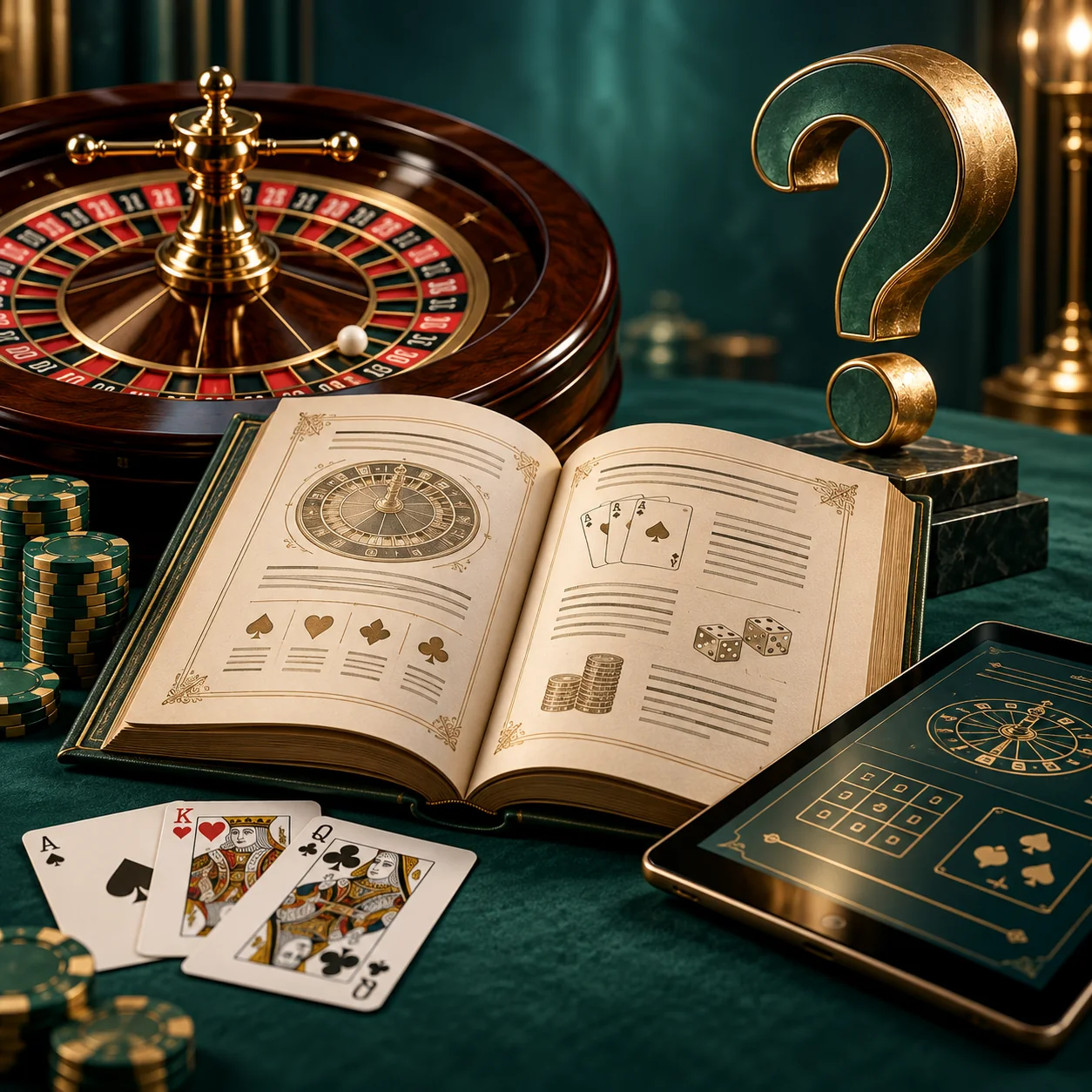 Editorial illustration: an open game rules book beside roulette wheel, playing cards, tablet and a question-mark sculpture