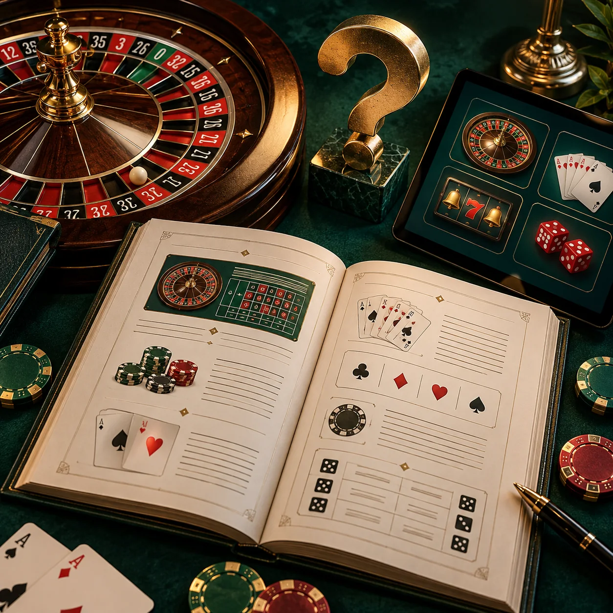 Supporting illustration: an open game rules book beside roulette wheel, playing cards, tablet and a question-mark sculpture