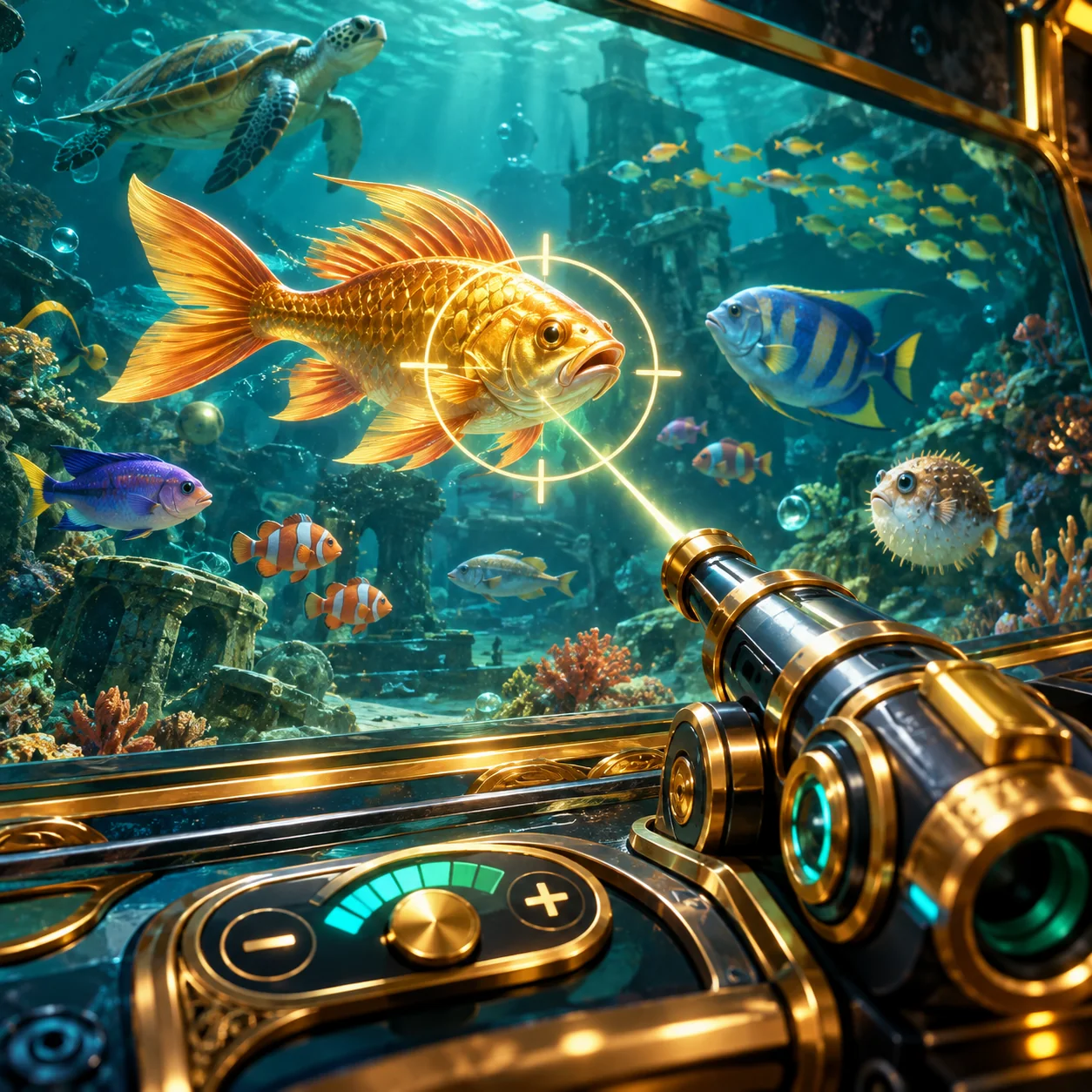 Editorial illustration: an arcade fishing screen with stylized underwater fish, aiming reticle and a generic cost control