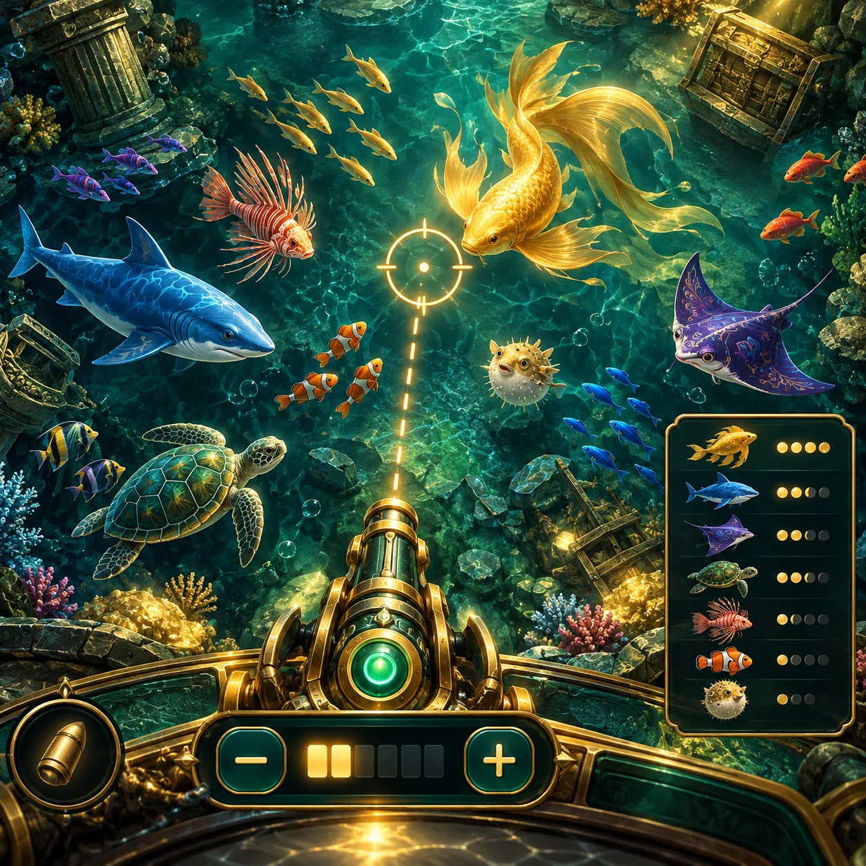 Supporting illustration: an arcade fishing screen with stylized underwater fish, aiming reticle and a generic cost control