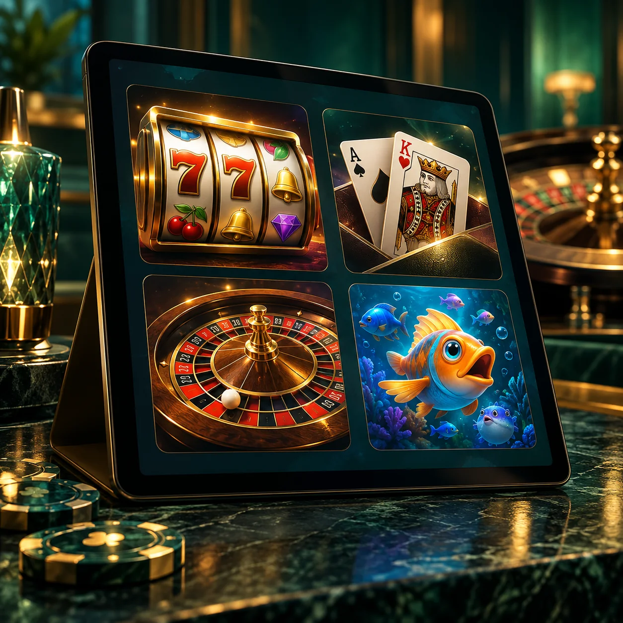 Editorial illustration: a tablet showing category tiles with generic reels, cards, roulette wheel and a fish arcade icon