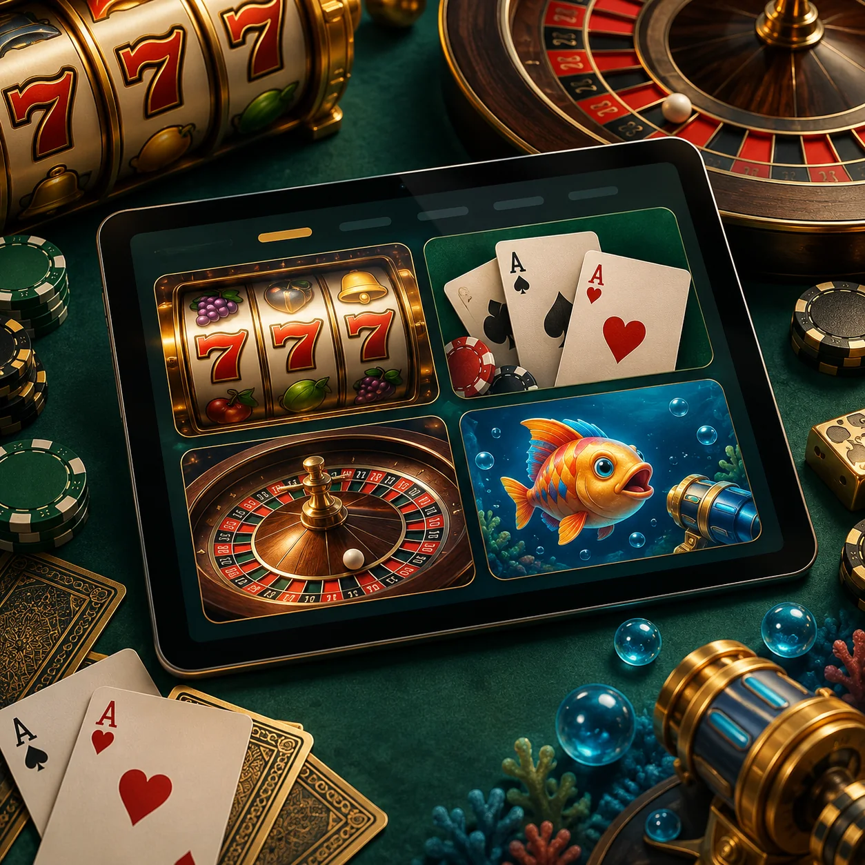 Supporting illustration: a tablet showing category tiles with generic reels, cards, roulette wheel and a fish arcade icon