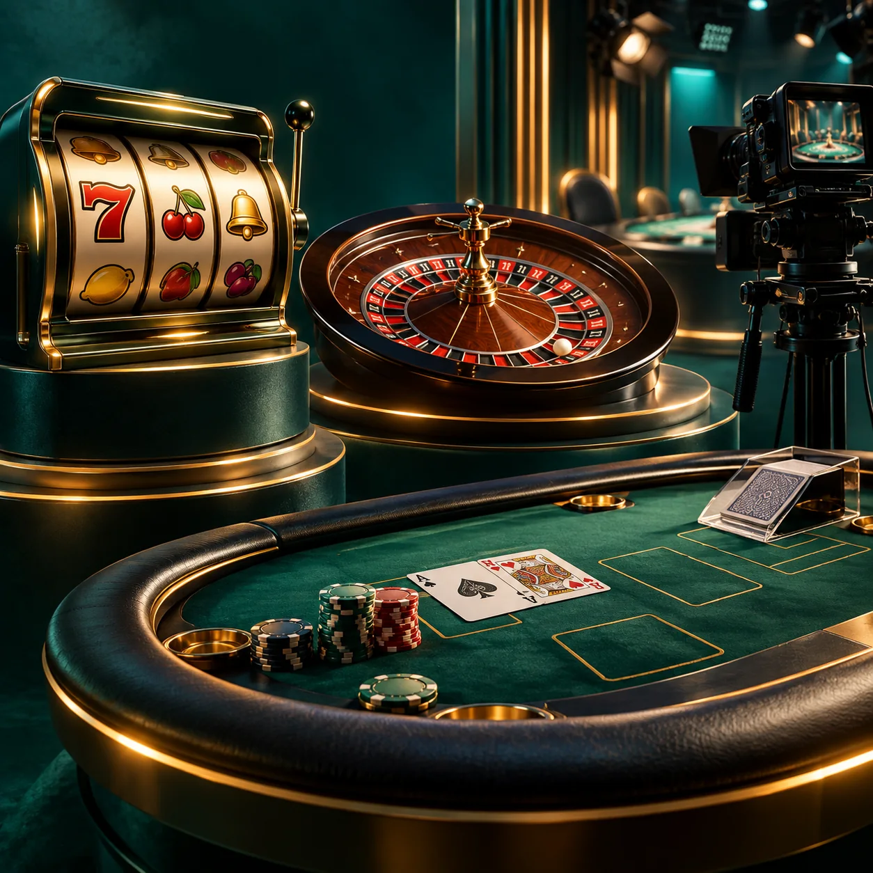 Editorial illustration: miniature displays of reels, roulette wheel, playing-card table and live studio camera
