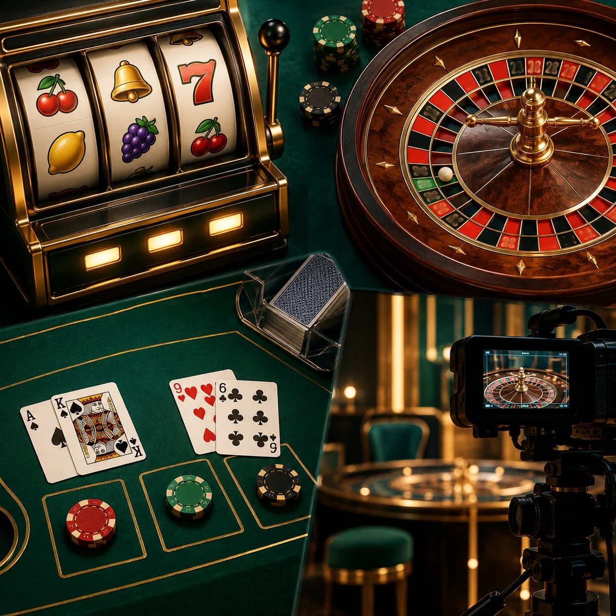 Supporting illustration: miniature displays of reels, roulette wheel, playing-card table and live studio camera