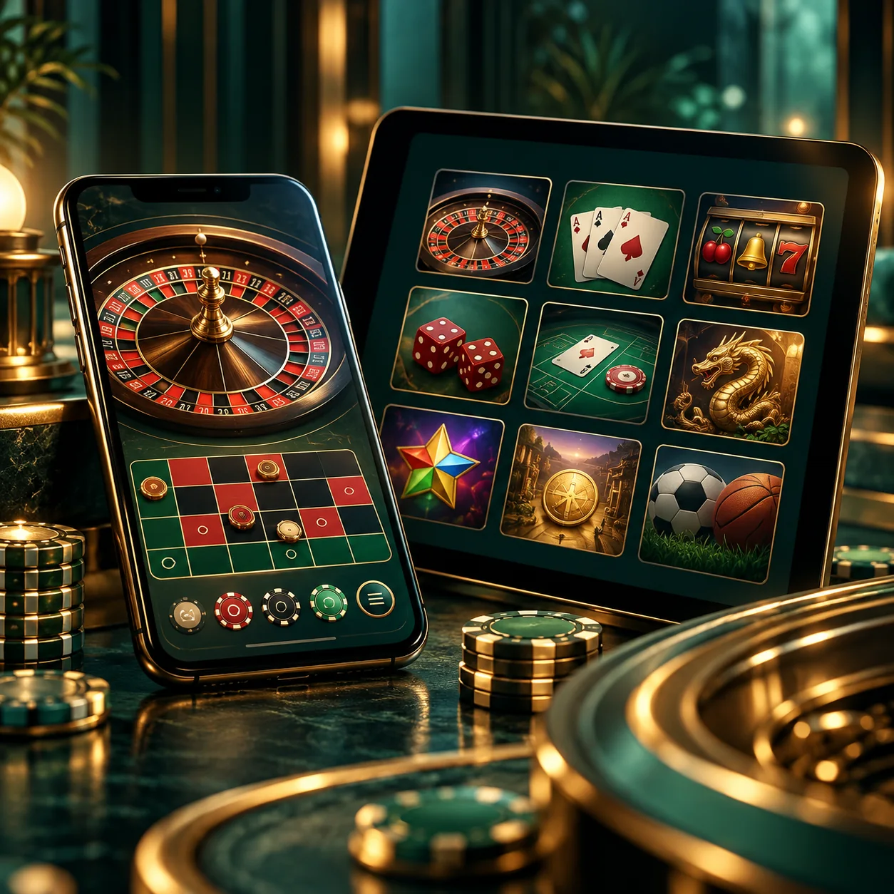 Editorial illustration: a smartphone displaying a generic roulette interface beside a tablet with casino category tiles