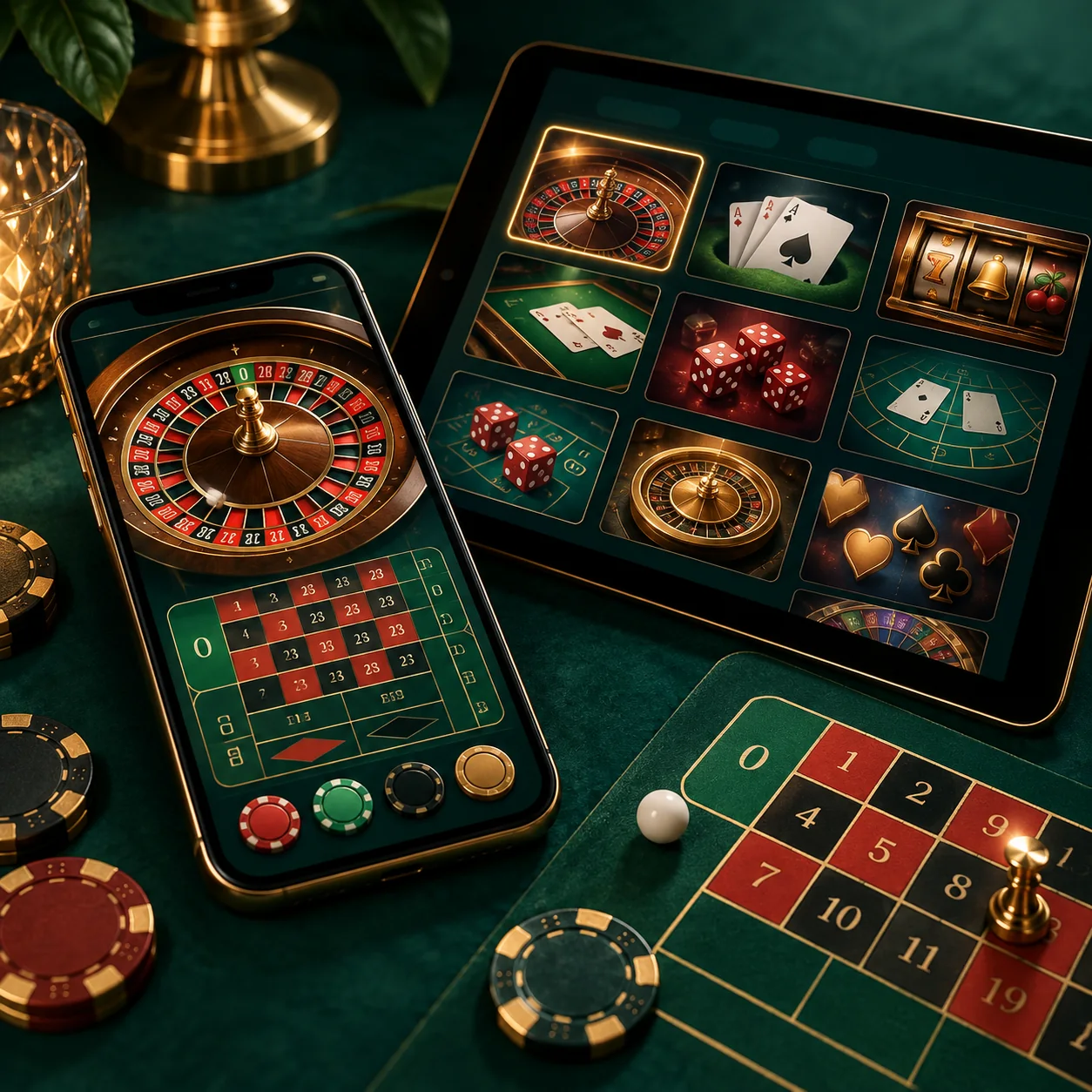 Supporting illustration: a smartphone displaying a generic roulette interface beside a tablet with casino category tiles