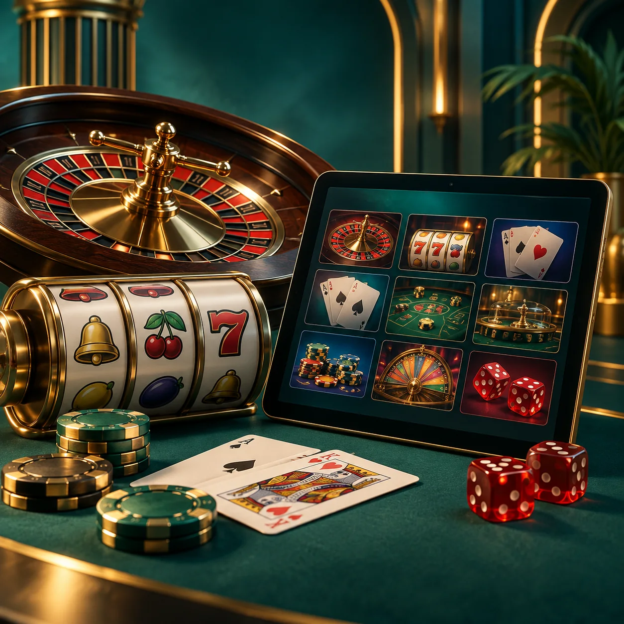 Editorial illustration: a balanced still life of roulette wheel, generic slot reels, playing cards and a tablet showing casino categories