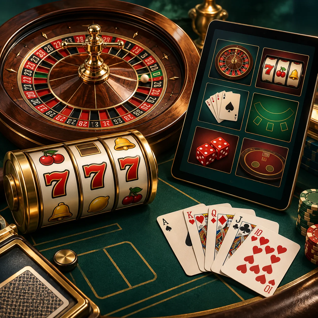 Supporting illustration: a balanced still life of roulette wheel, generic slot reels, playing cards and a tablet showing casino categories