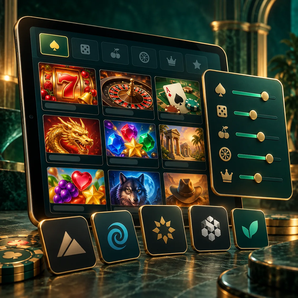 Editorial illustration: a tablet with casino categories, a filter-slider control and generic studio tiles