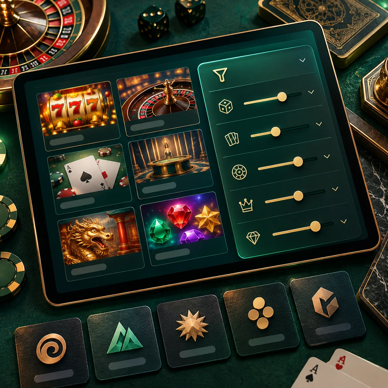 Supporting illustration: a tablet with casino categories, a filter-slider control and generic studio tiles