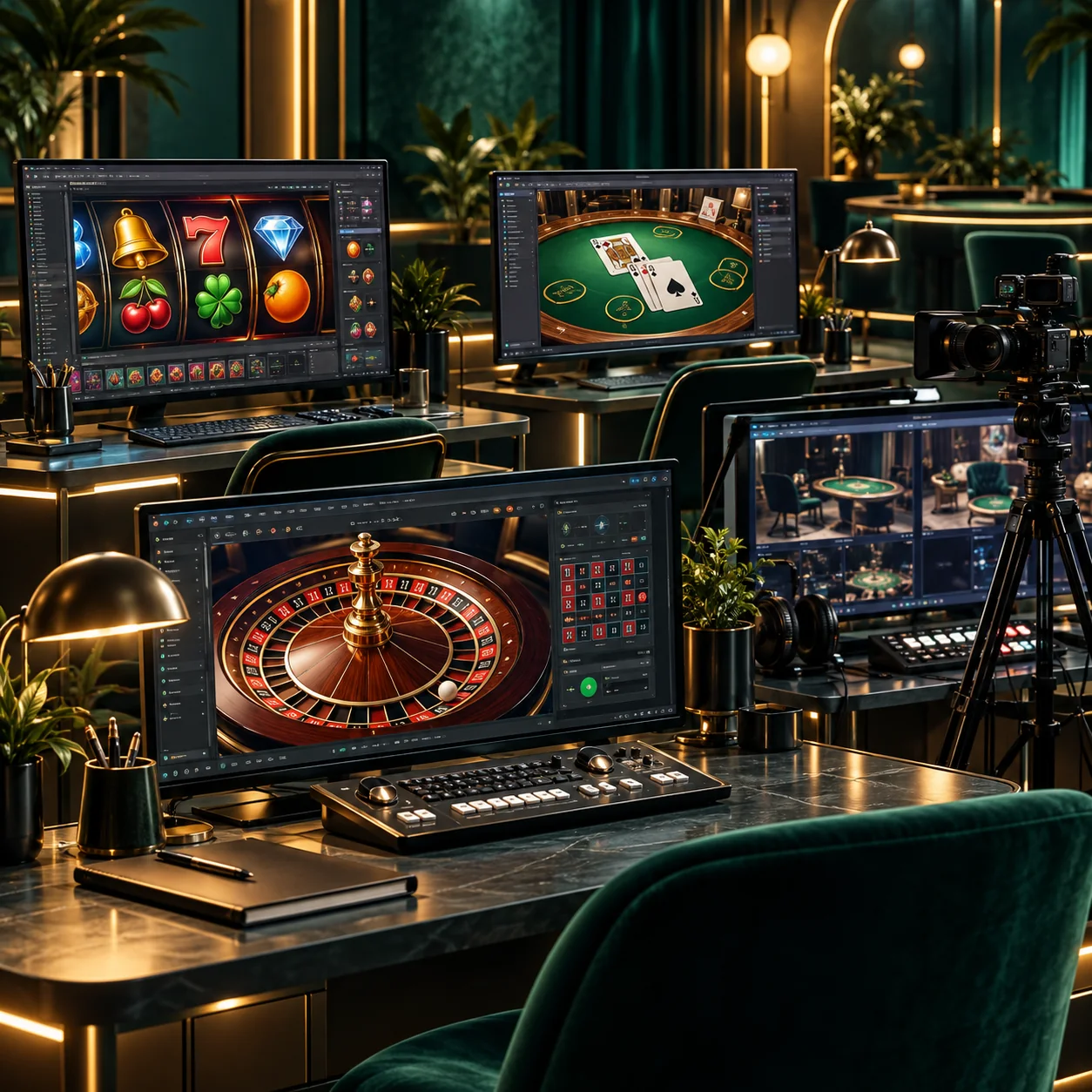 Editorial illustration: four studio workstations showing reels, cards, roulette and live-stream camera equipment