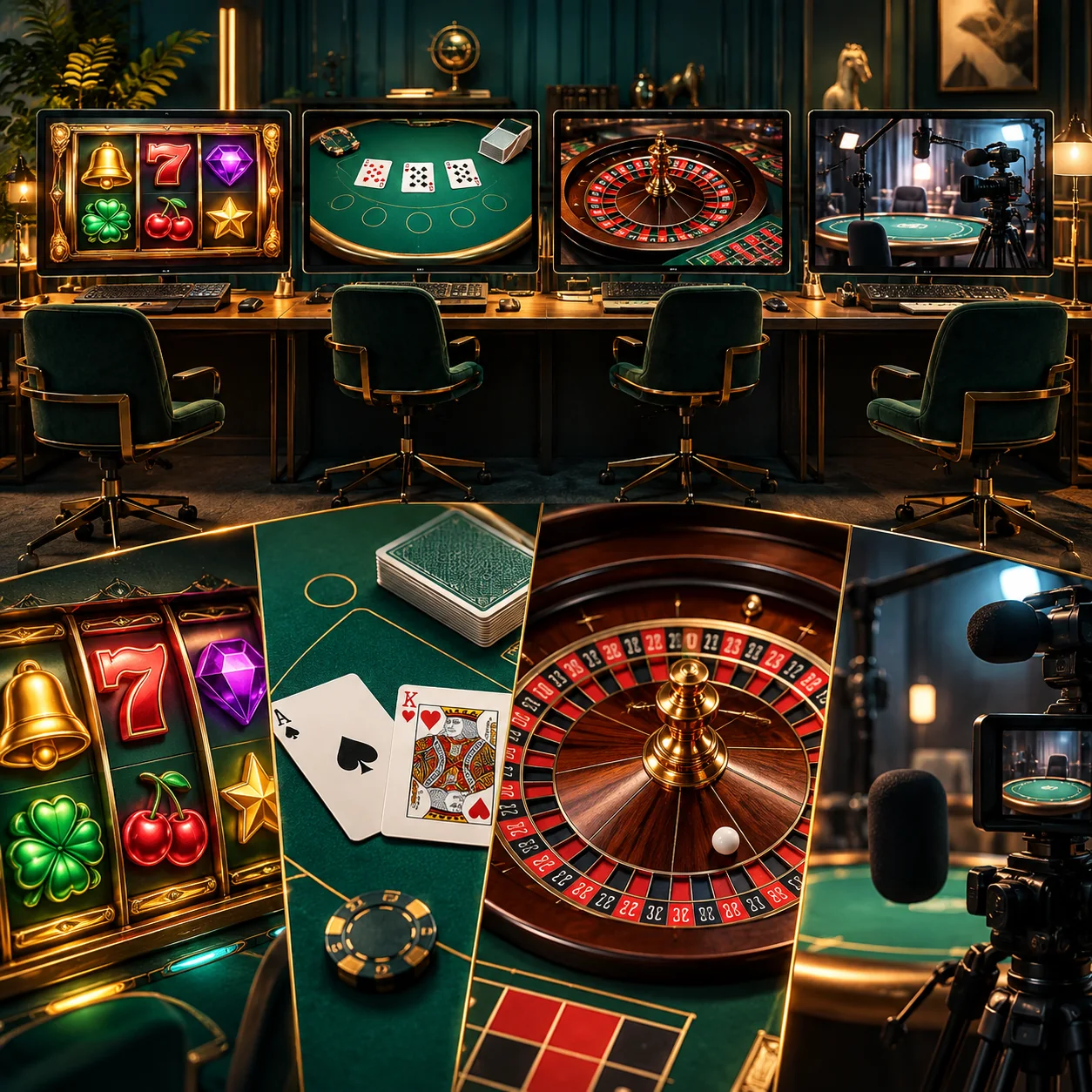 Supporting illustration: four studio workstations showing reels, cards, roulette and live-stream camera equipment