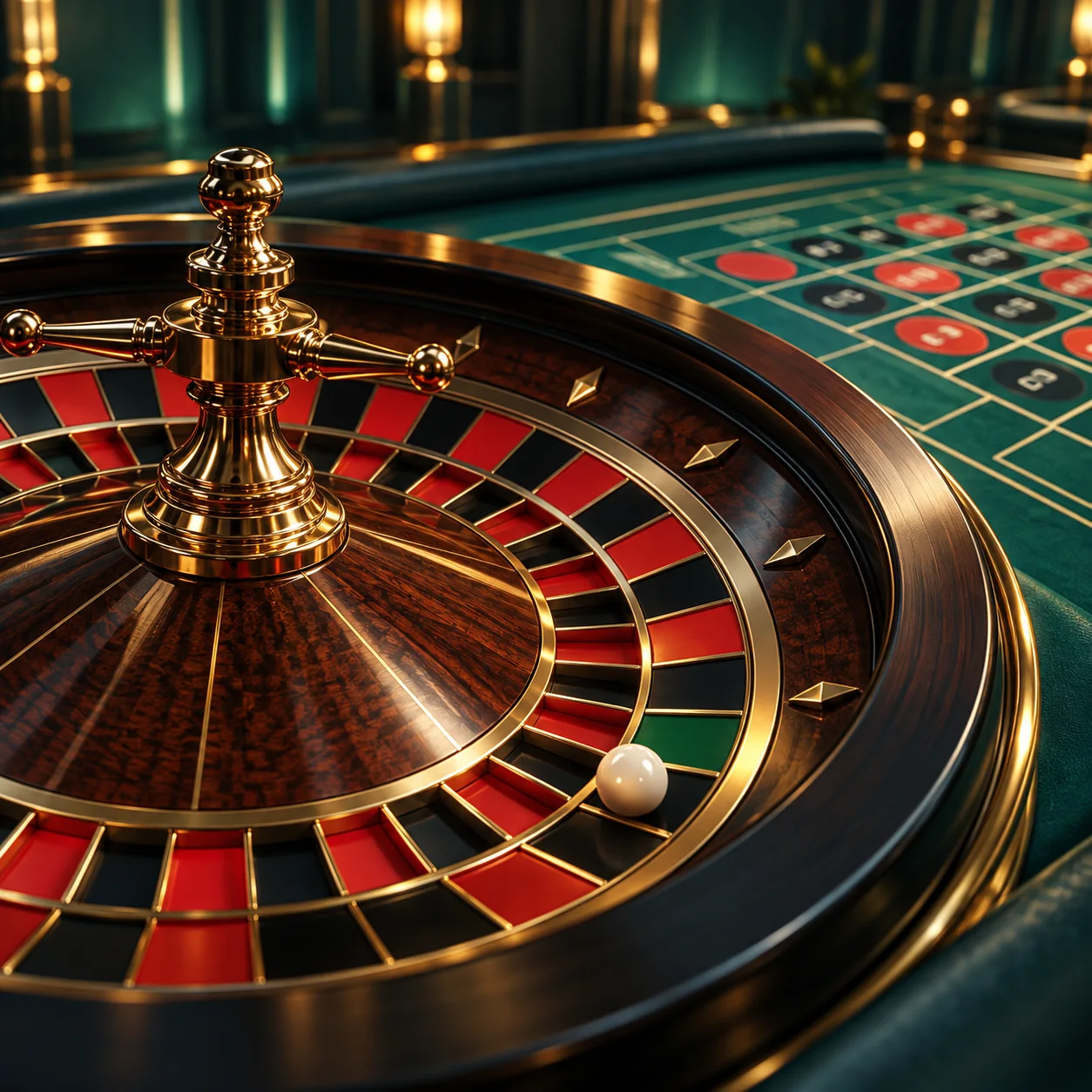 Editorial illustration: a detailed roulette wheel beside a ball and a generic betting layout