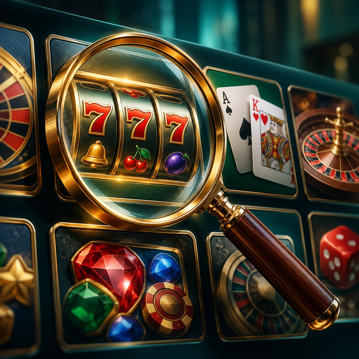 Editorial illustration: a magnifying glass over casino game tiles showing generic reels, cards and wheel