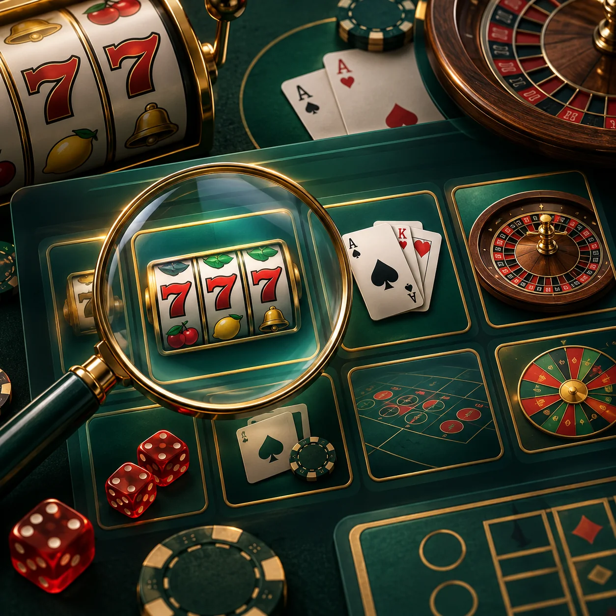Supporting illustration: a magnifying glass over casino game tiles showing generic reels, cards and wheel