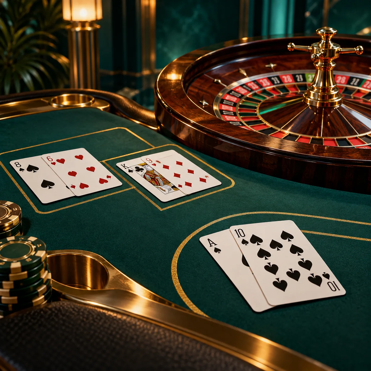 Editorial illustration: a balanced tabletop of baccarat cards, roulette wheel and a blackjack hand