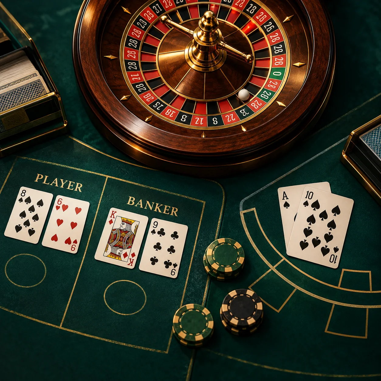 Supporting illustration: a balanced tabletop of baccarat cards, roulette wheel and a blackjack hand