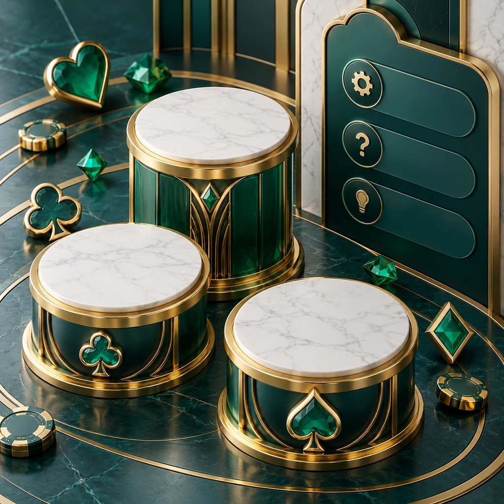 Overhead editorial detail of three elegant game display pedestals