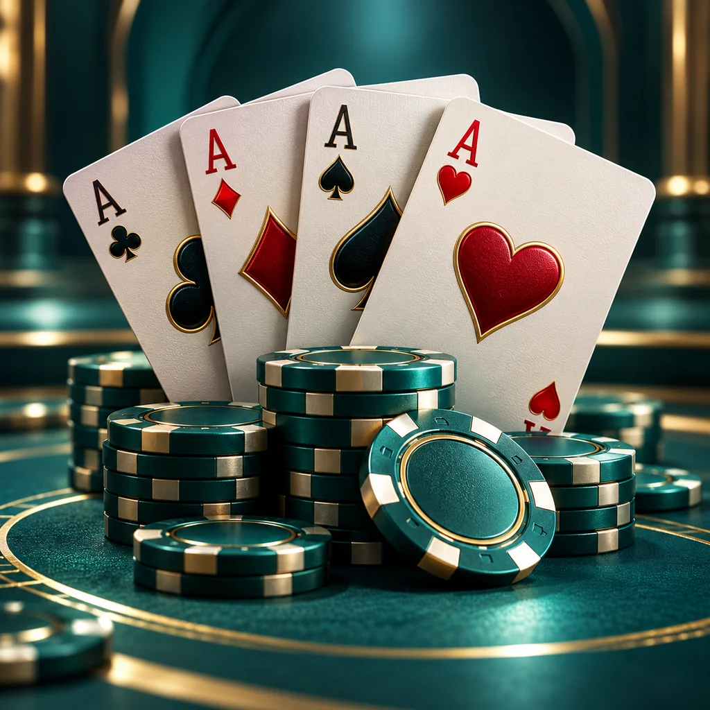 playing cards and teal table chips