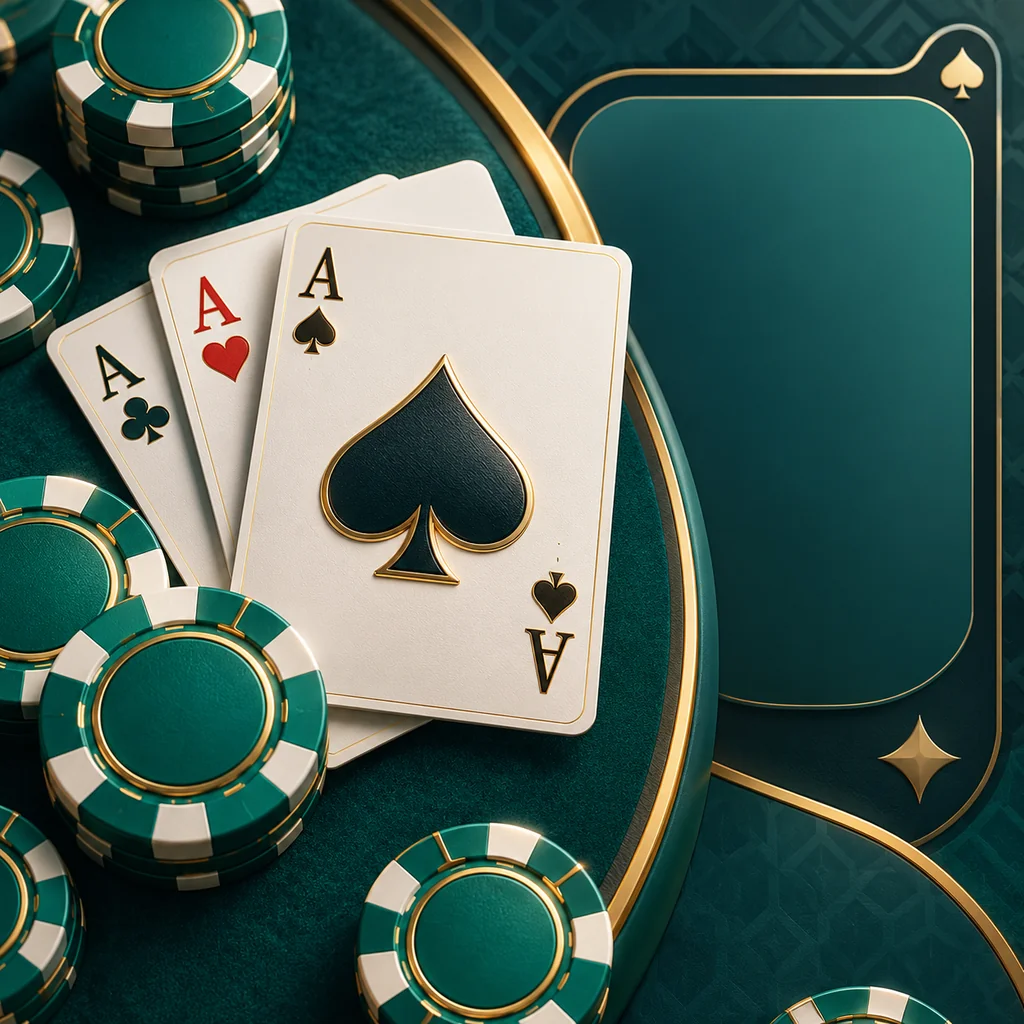 Overhead editorial detail of playing cards and teal table chips