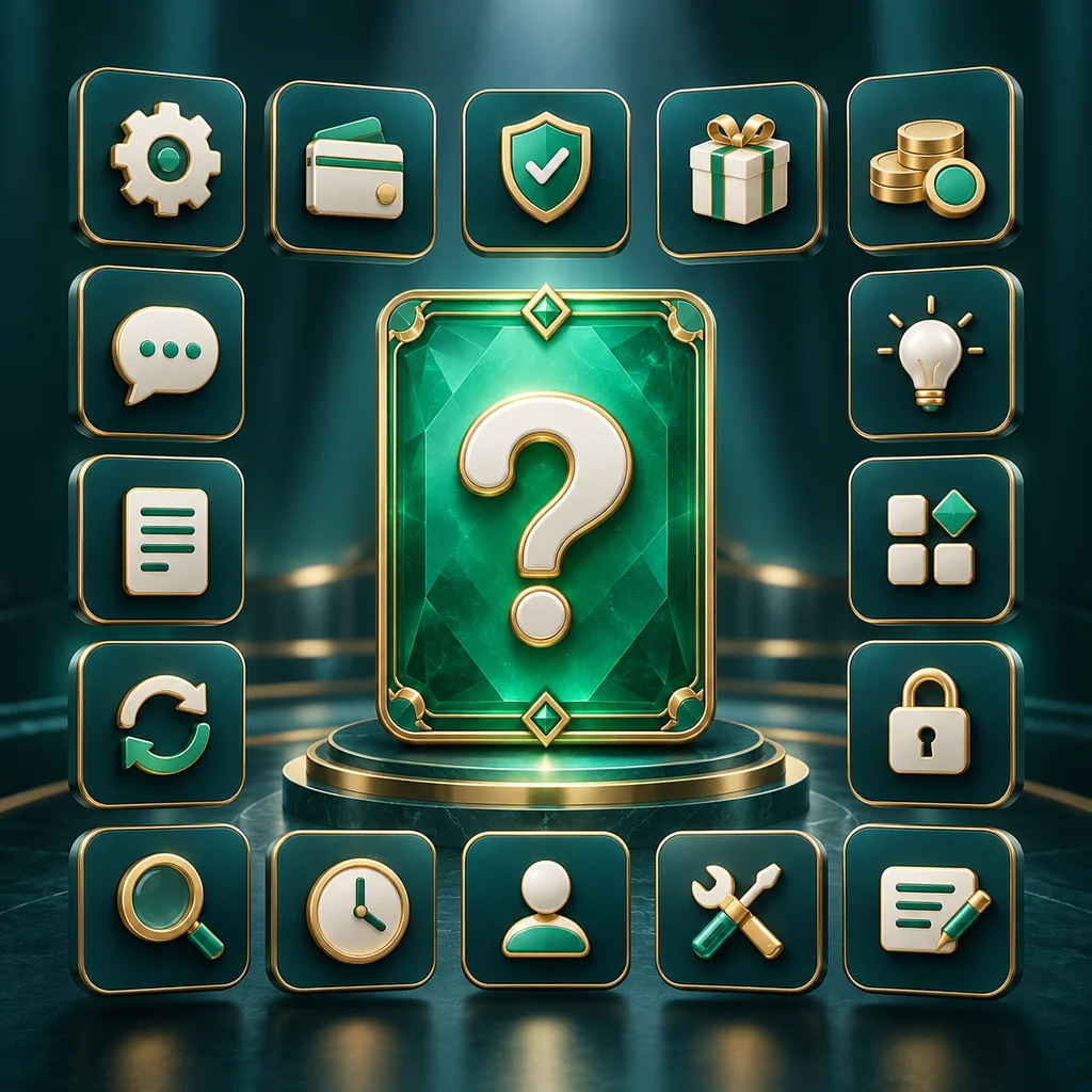 fifteen abstract small inquiry tiles around a central emerald card