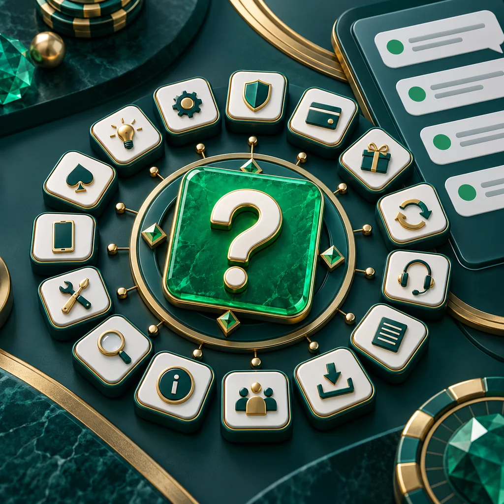 Overhead editorial detail of fifteen abstract small inquiry tiles around a central emerald card