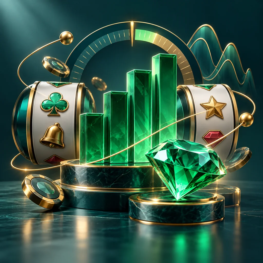 emerald chart bars, a gem and abstract reel symbols