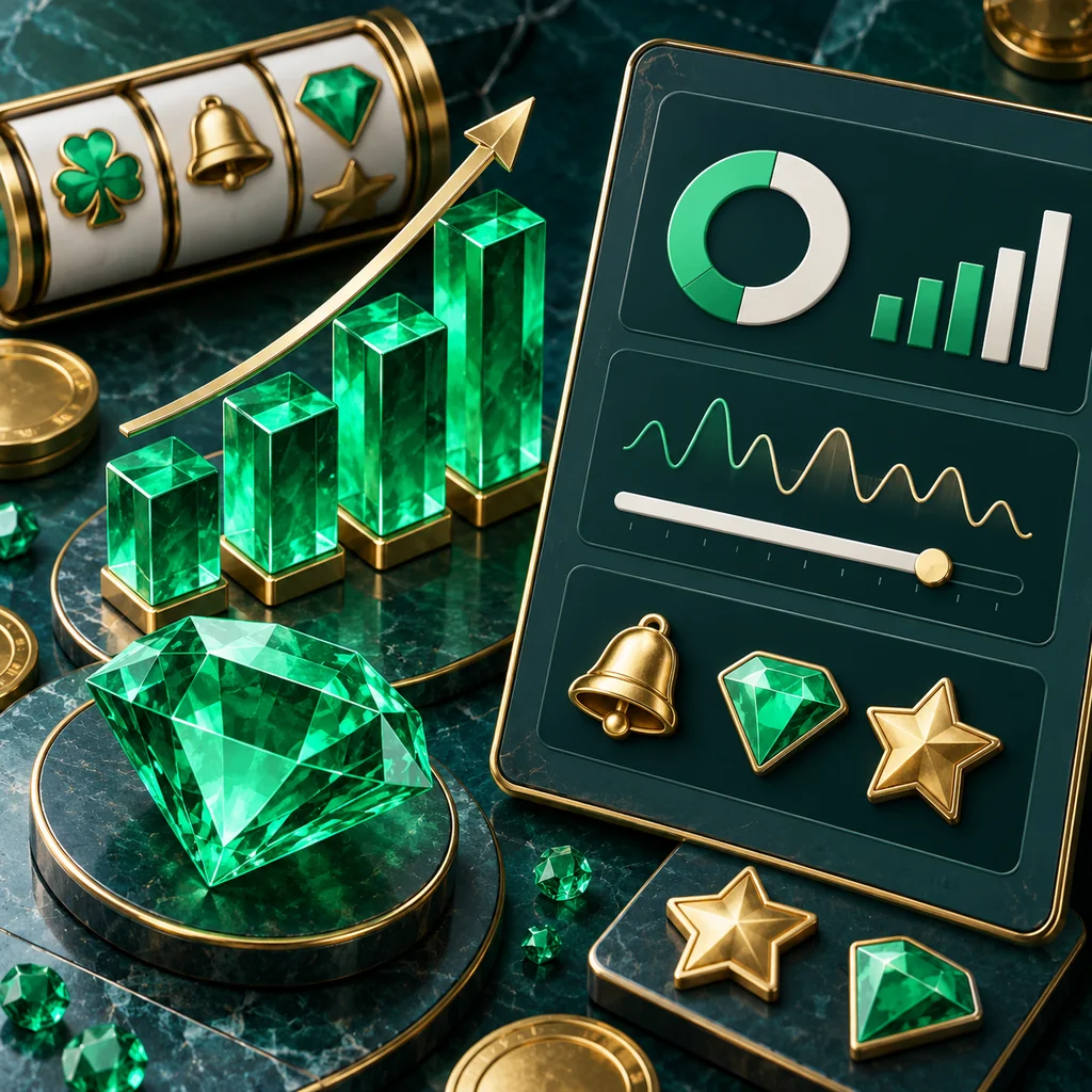 Overhead editorial detail of emerald chart bars, a gem and abstract reel symbols