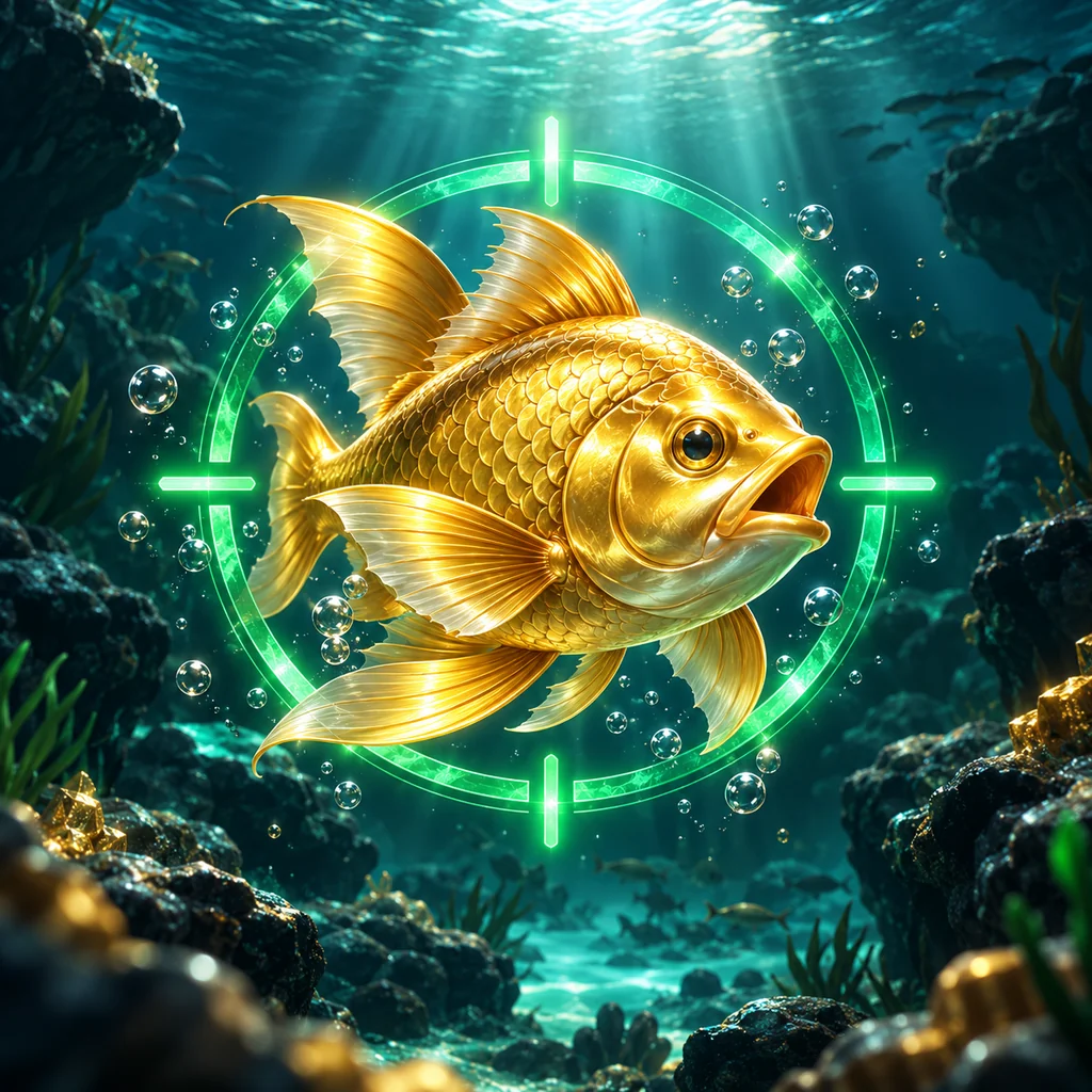 underwater golden fish and an emerald targeting ring