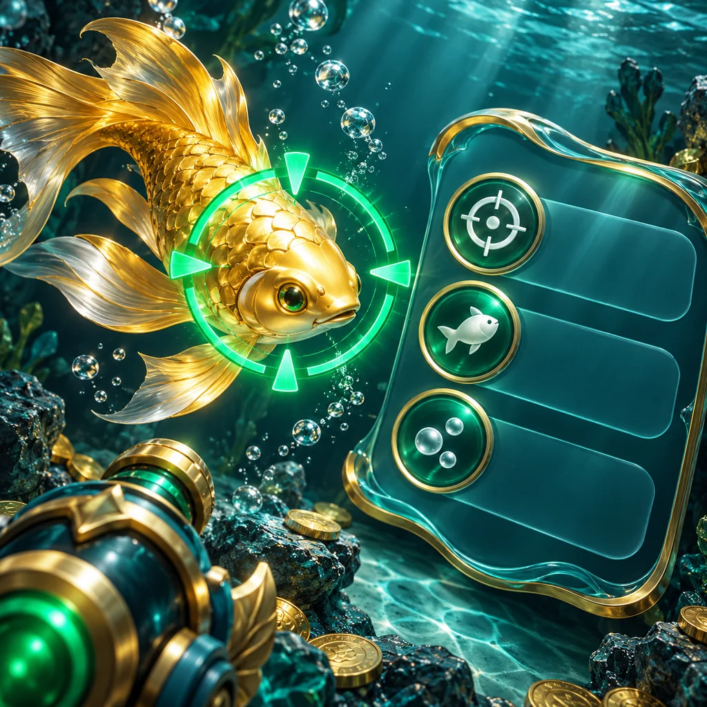 Overhead editorial detail of underwater golden fish and an emerald targeting ring