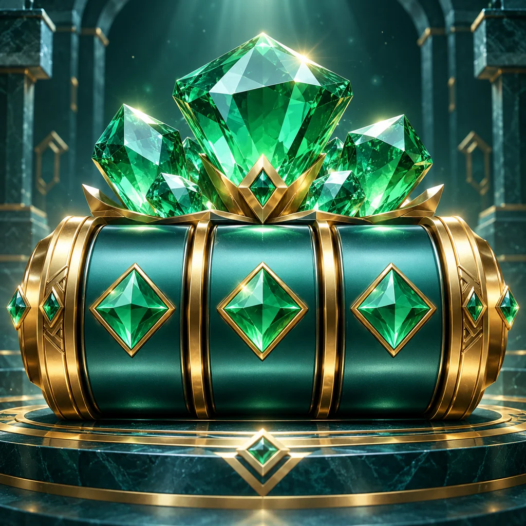 faceted emerald gemstones arranged above teal reels