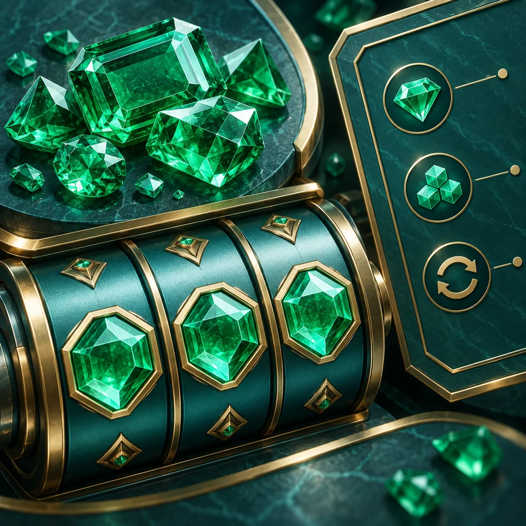 Overhead editorial detail of faceted emerald gemstones arranged above teal reels