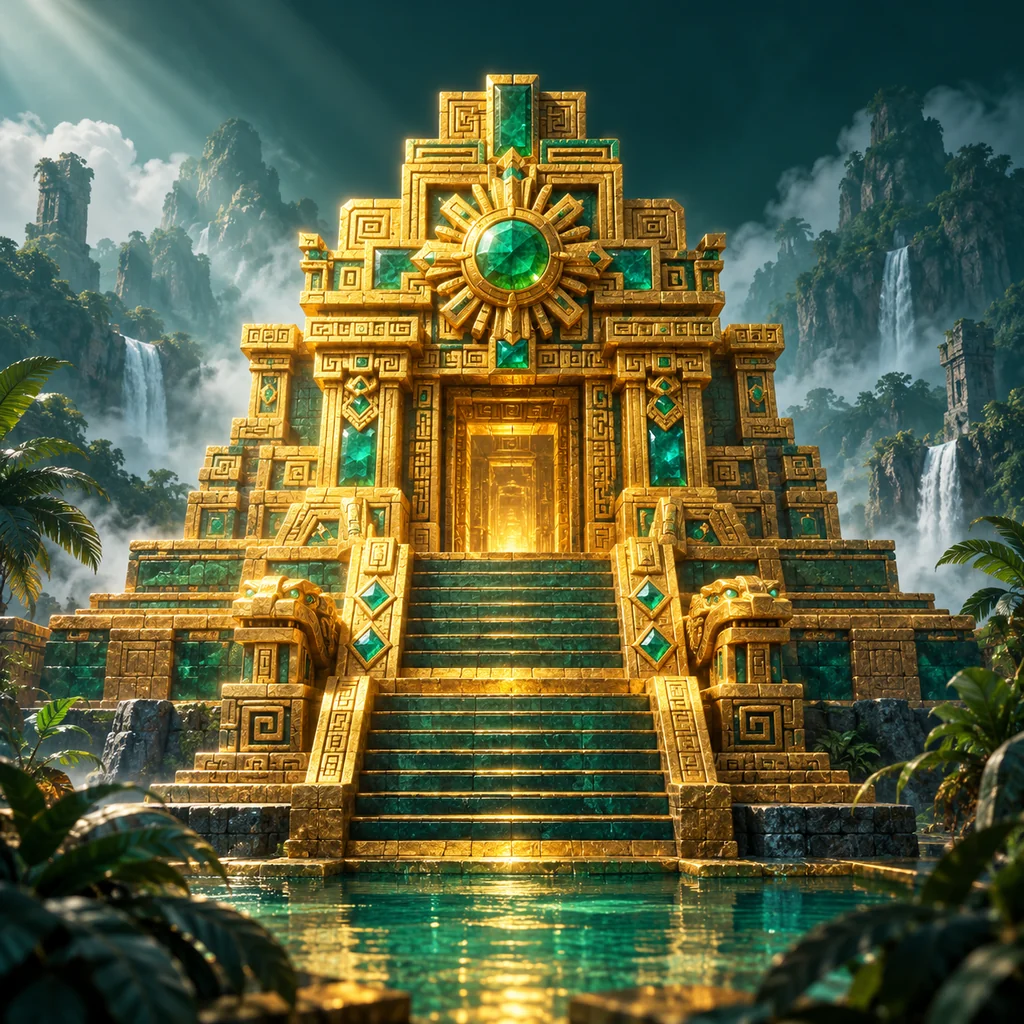 a miniature golden temple with emerald inlays