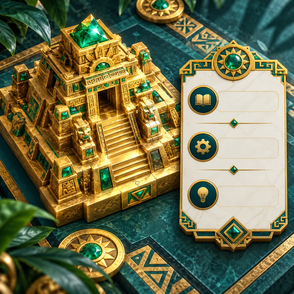 Overhead editorial detail of a miniature golden temple with emerald inlays