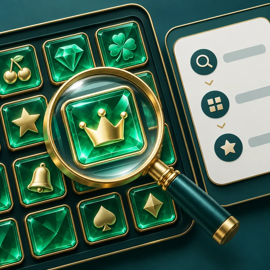 Overhead editorial detail of magnifying glass over an emerald game-tile grid