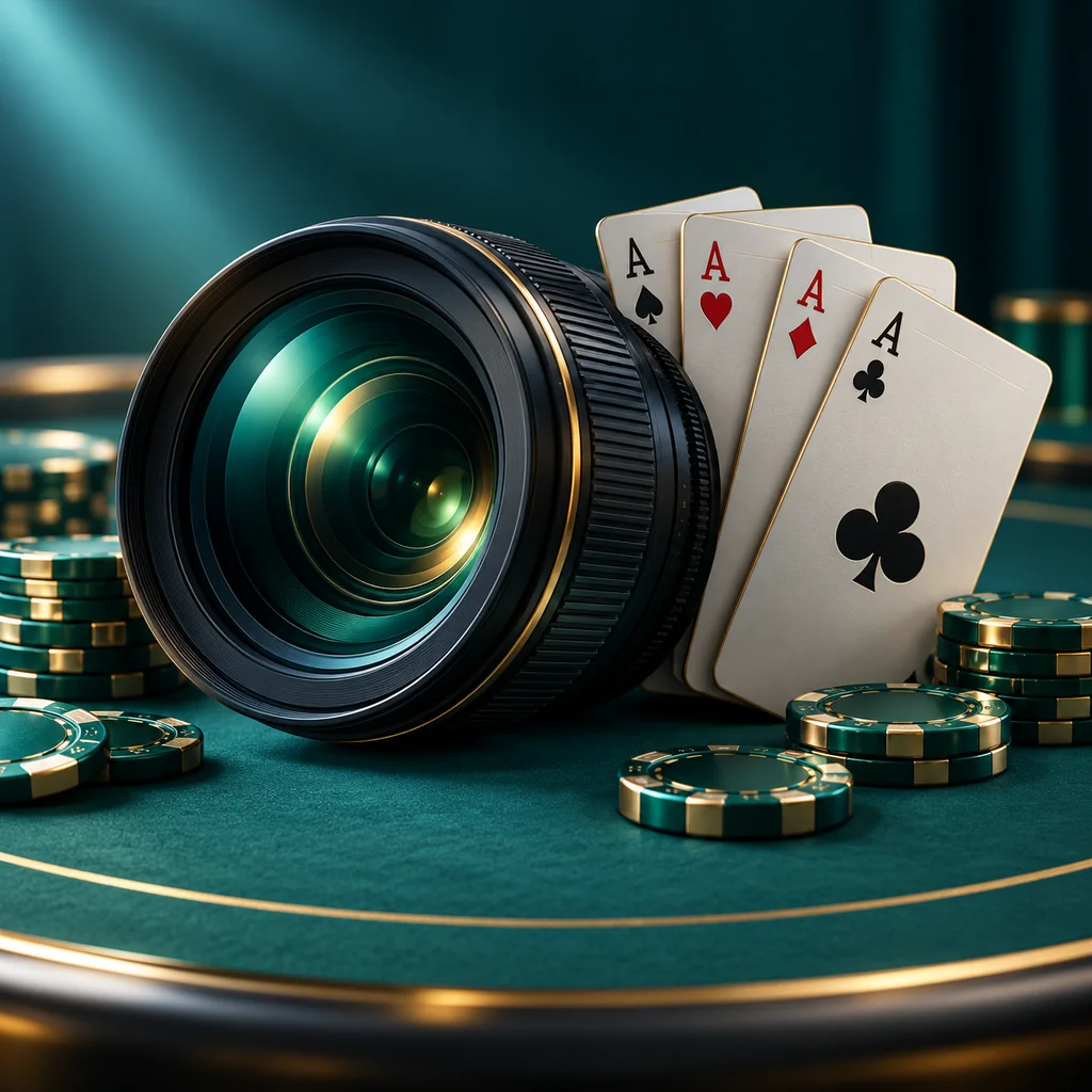camera lens beside playing cards on a teal table