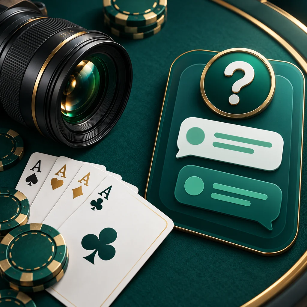 Overhead editorial detail of camera lens beside playing cards on a teal table