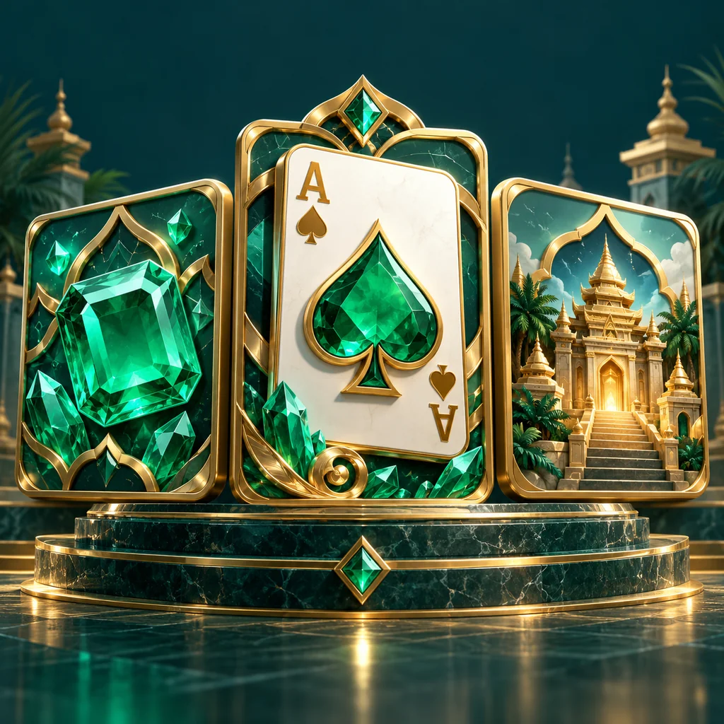 playing-card ace, emerald gemstones and gold temple motifs
